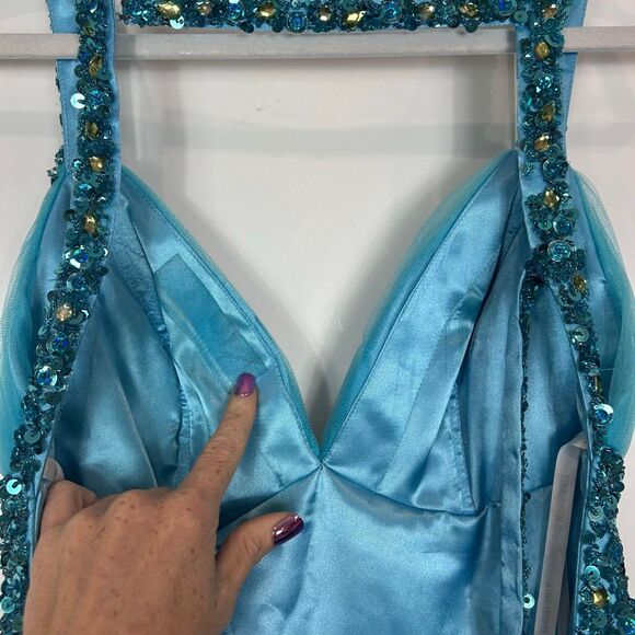 Sherri Hill Dress sz 4 Turquoise blue Sequins V Neck Mini Tulle Open Back Short - Picture 8 of 16